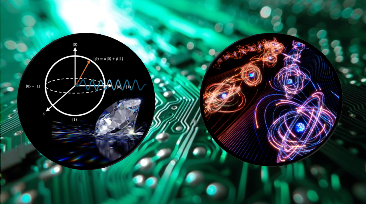 Quantum device concept — Bloch sphere, NV diamond and quantum orbits on a circuit board