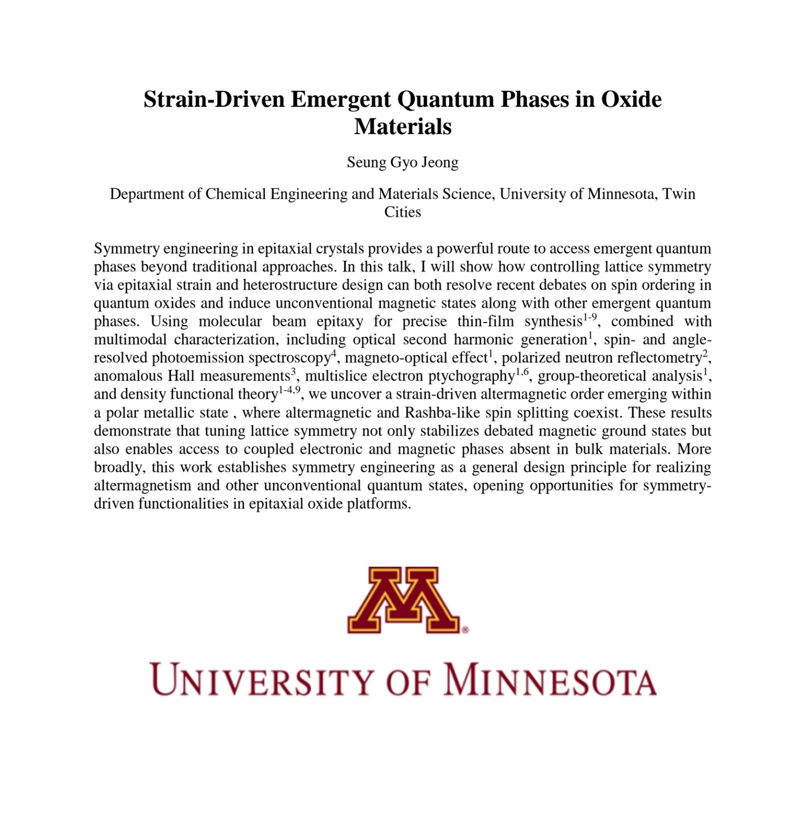 Two invited seminars: Dr. In Hyoek Choi (MIT) and Dr. Seung Gyo Jeong (U Minnesota)