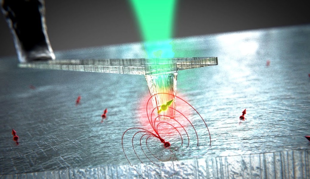 NV tip-scanning magnetometry — green laser exciting a diamond tip over a magnetic surface